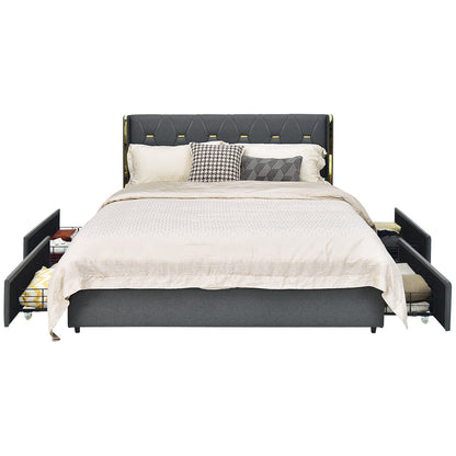 Full/Queen Size Upholstered Bed Frame with 4 Storage Drawers