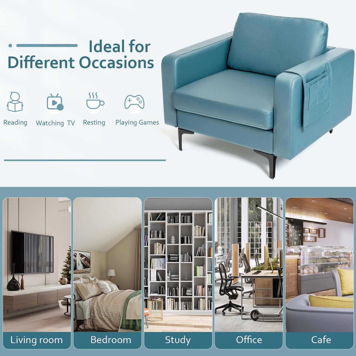 Modern Accent Armchair with Side Storage Pocket-Blue