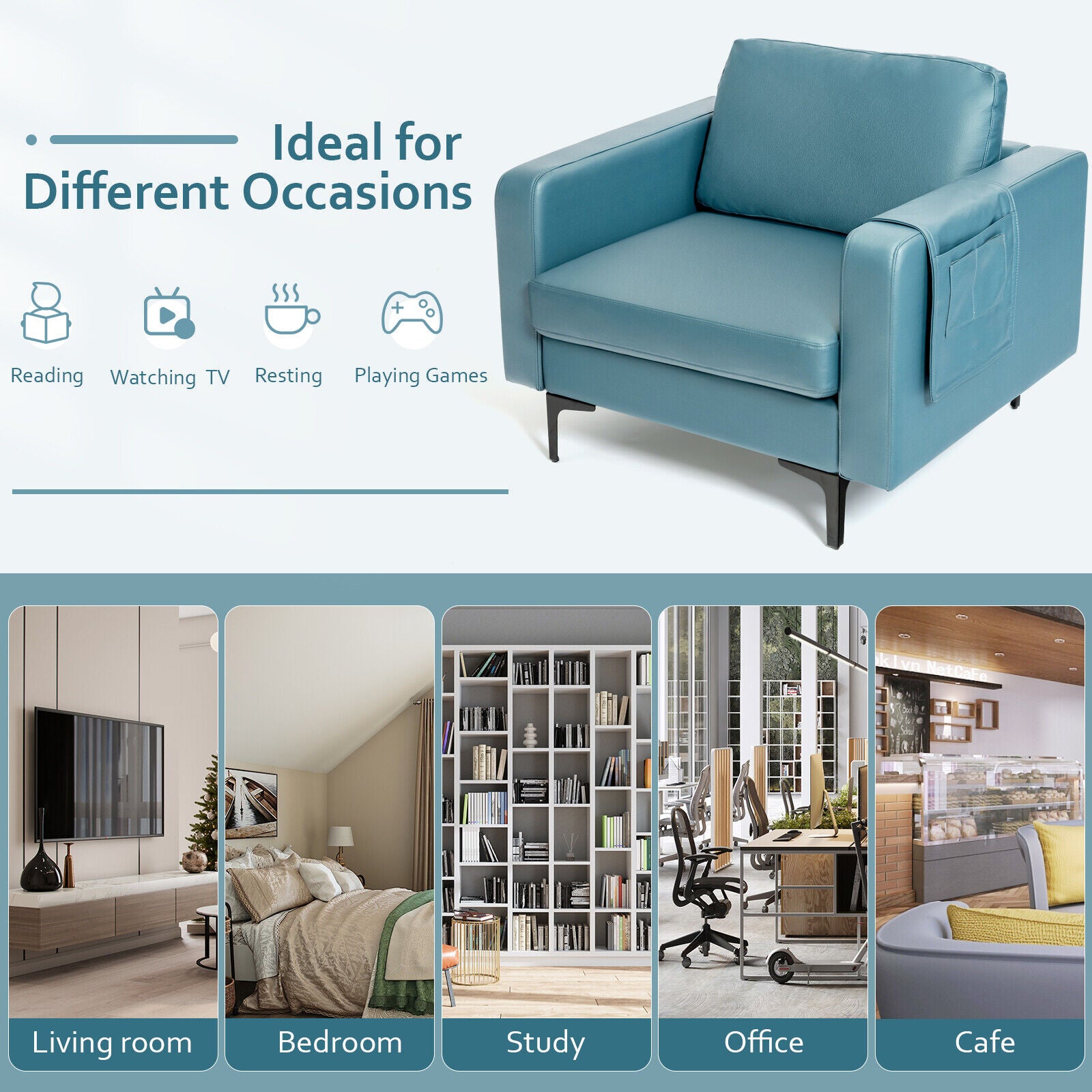Modern Accent Armchair with Side Storage Pocket-Blue