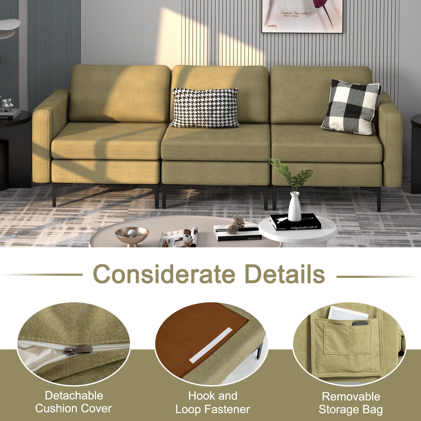 3-Seat Sectional Sofa Couch with Armrest Magazine Pocket and Metal Leg-Green