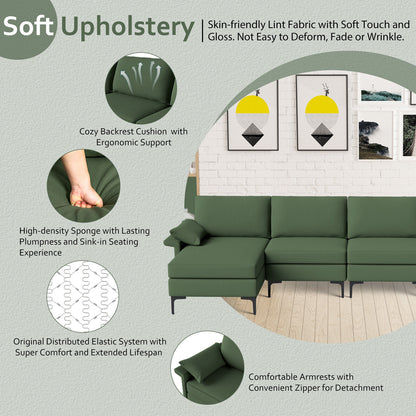 Extra Large L-shaped Sectional Sofa with Reversible Chaise and 2 USB Ports for 4-5 People-Army Green