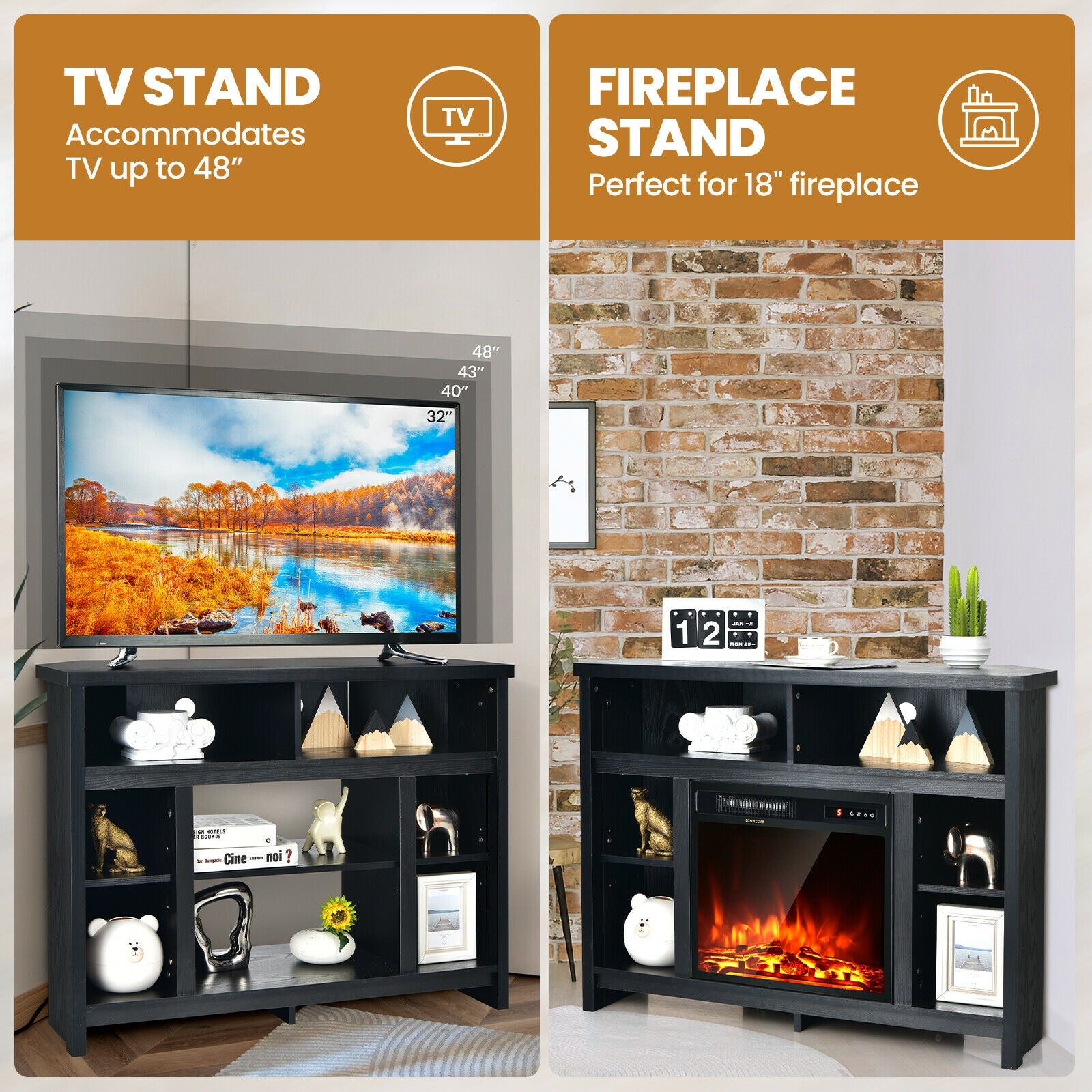 Modern Corner TV Stand with Adjustable Shelves for TVs up to 48 Inch-Black