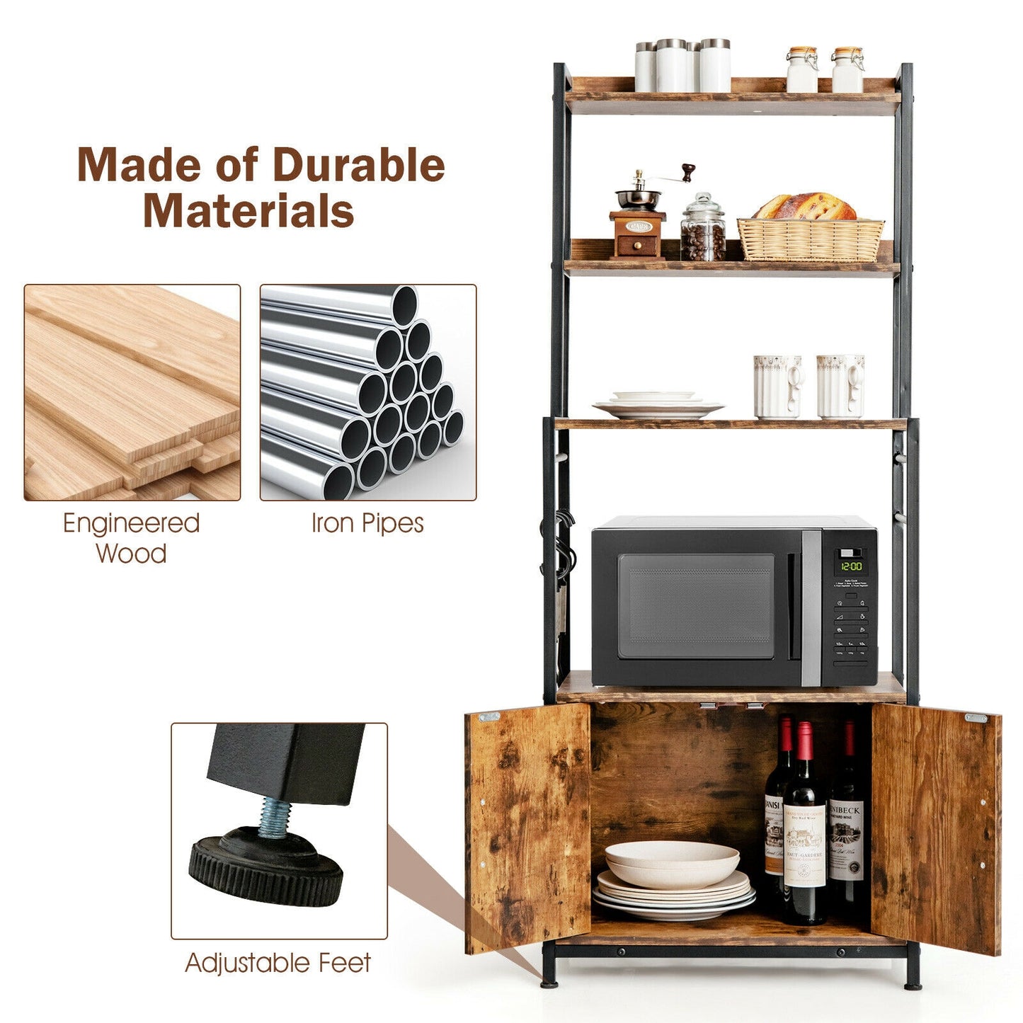 4-Tier Industrial Kitchen Bakers Rack Microwave Oven Stand-Brown