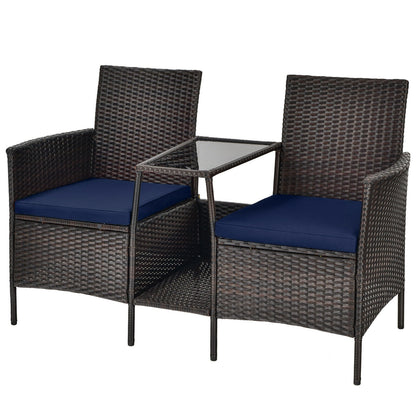 Patio Rattan Wicker Conversation Set Sofa Cushioned Loveseat Glass Table-Turquoise - Navy
