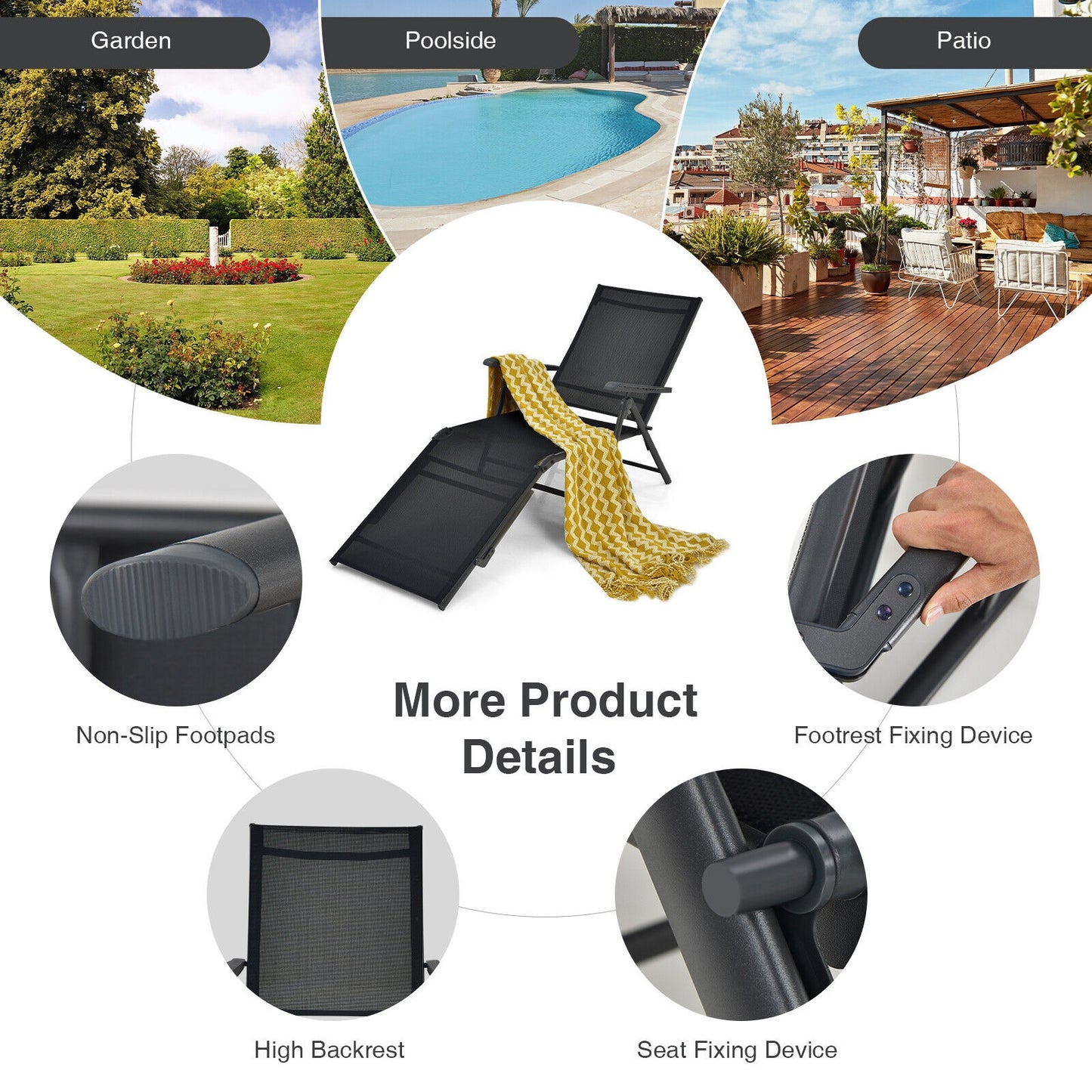 2 Pieces Foldable Chaise Lounge Chair with 2-Position Footrest