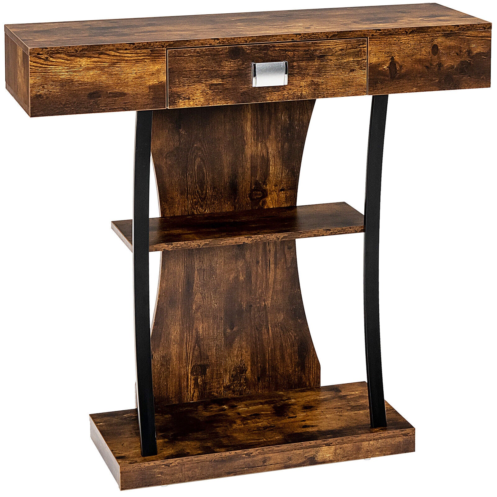 Console Table with Drawer and 2-Tier Shelves for Entryway Living Room-Black - Rustic Brown