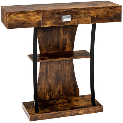 Console Table with Drawer and 2-Tier Shelves for Entryway Living Room-Black - Rustic Brown