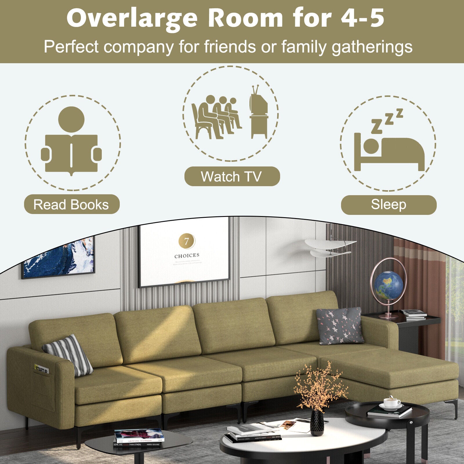 Modular L-shaped Sectional Sofa with Reversible Ottoman and 2 USB Ports-Green