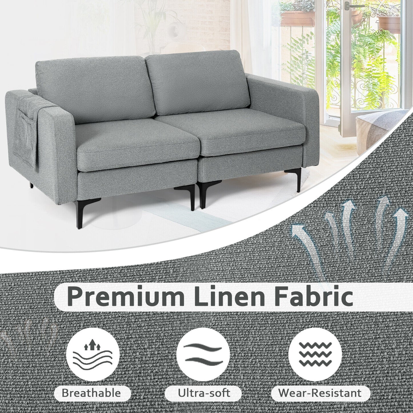 Modern Loveseat Sofa Couch with Side Storage Pocket and Sponged Padded Seat Cushions-Orange - Seat
