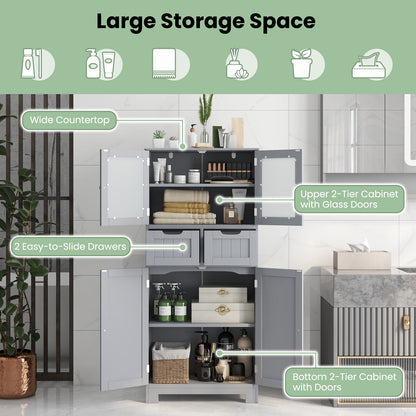 3 Tier Freee-Standing Bathroom Cabinet with 2 Drawers and Glass Doors