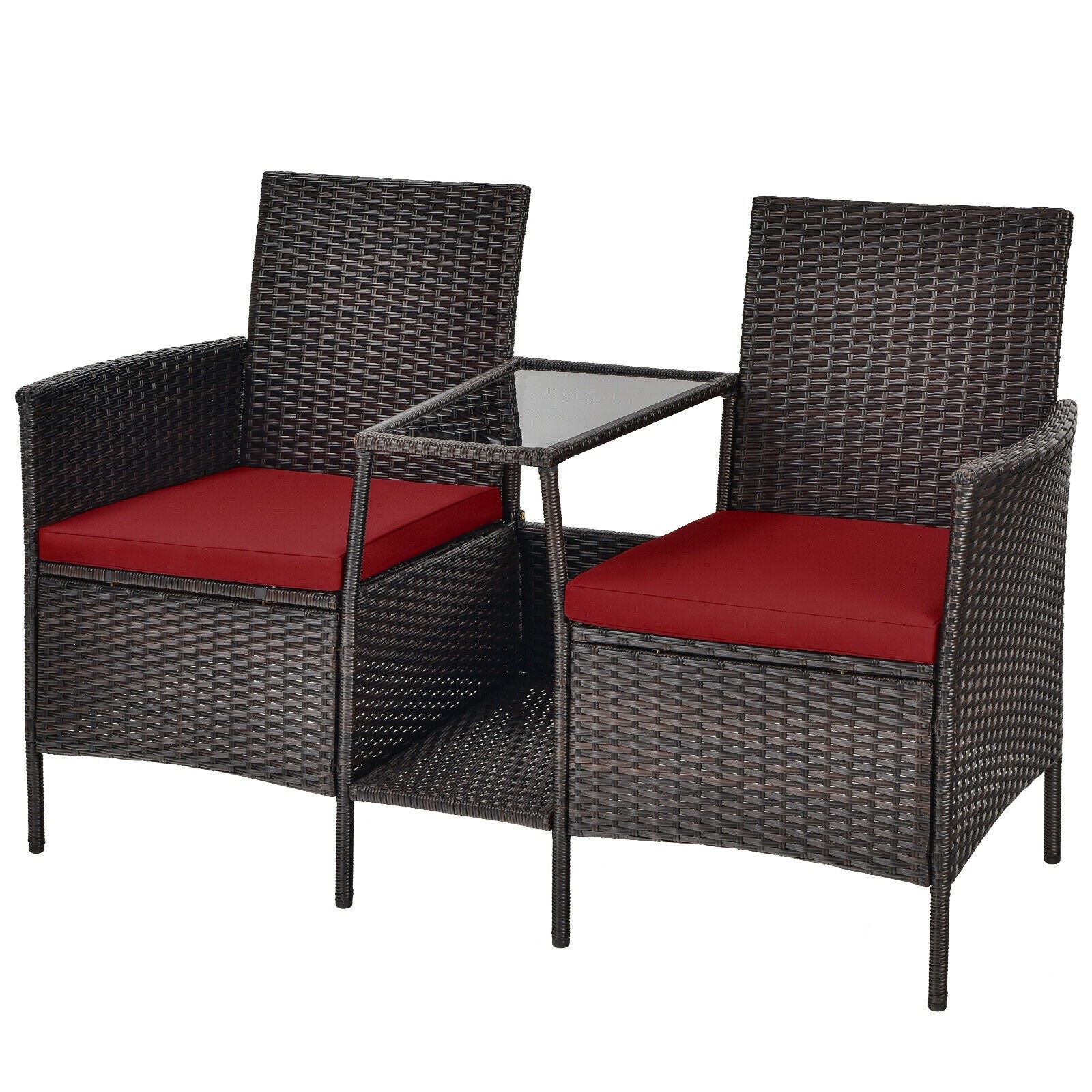 Patio Rattan Wicker Conversation Set Sofa Cushioned Loveseat Glass Table-Turquoise - Red