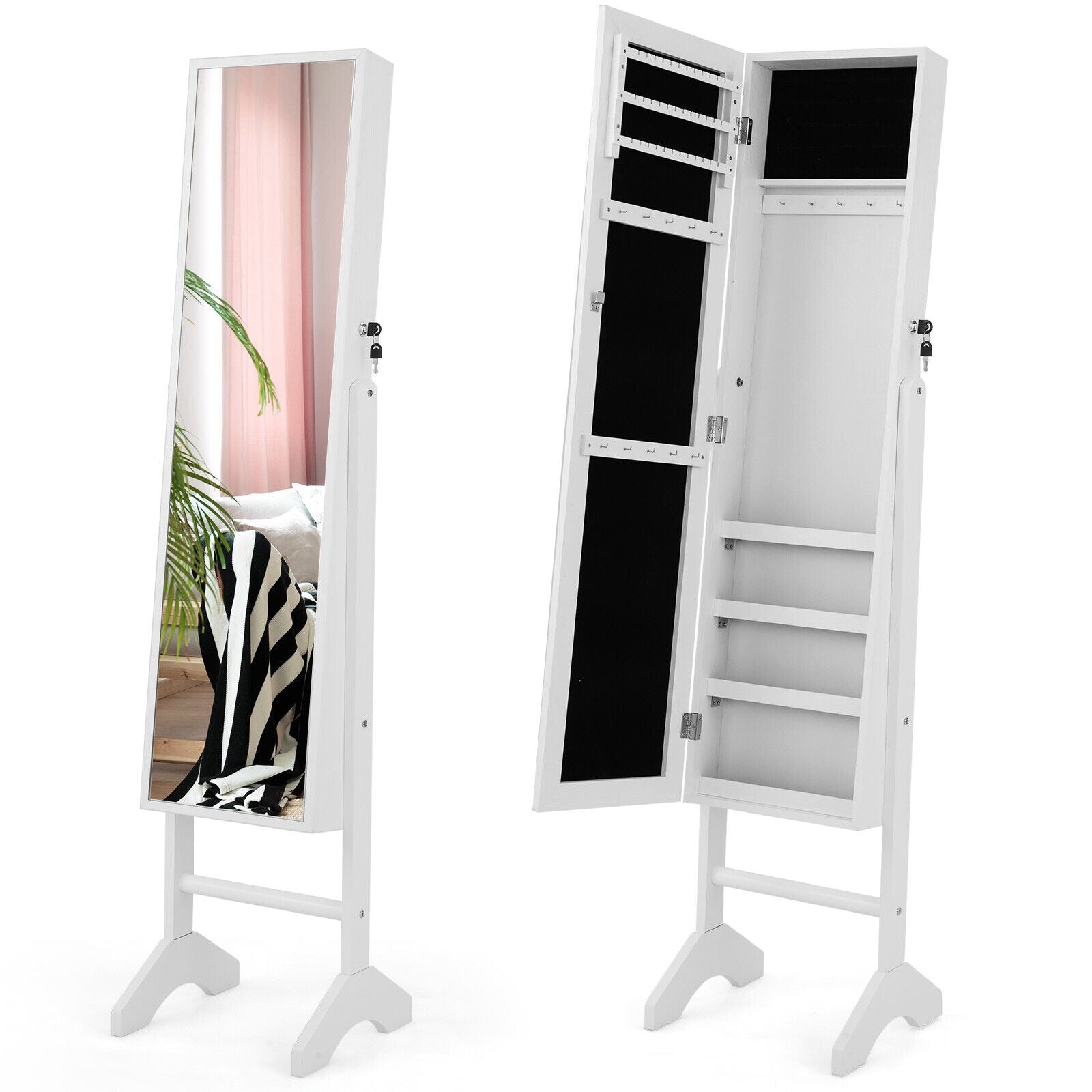 Free-Standing Jewelry Cabinet with Full-Length Mirror and Lockable Door-White