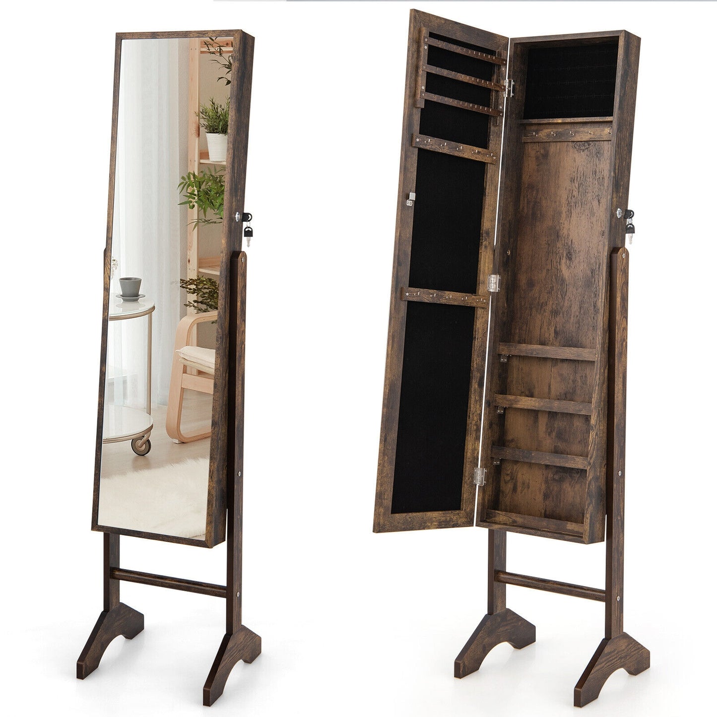 Free-Standing Jewelry Cabinet with Full-Length Mirror and Lockable Door-Brown