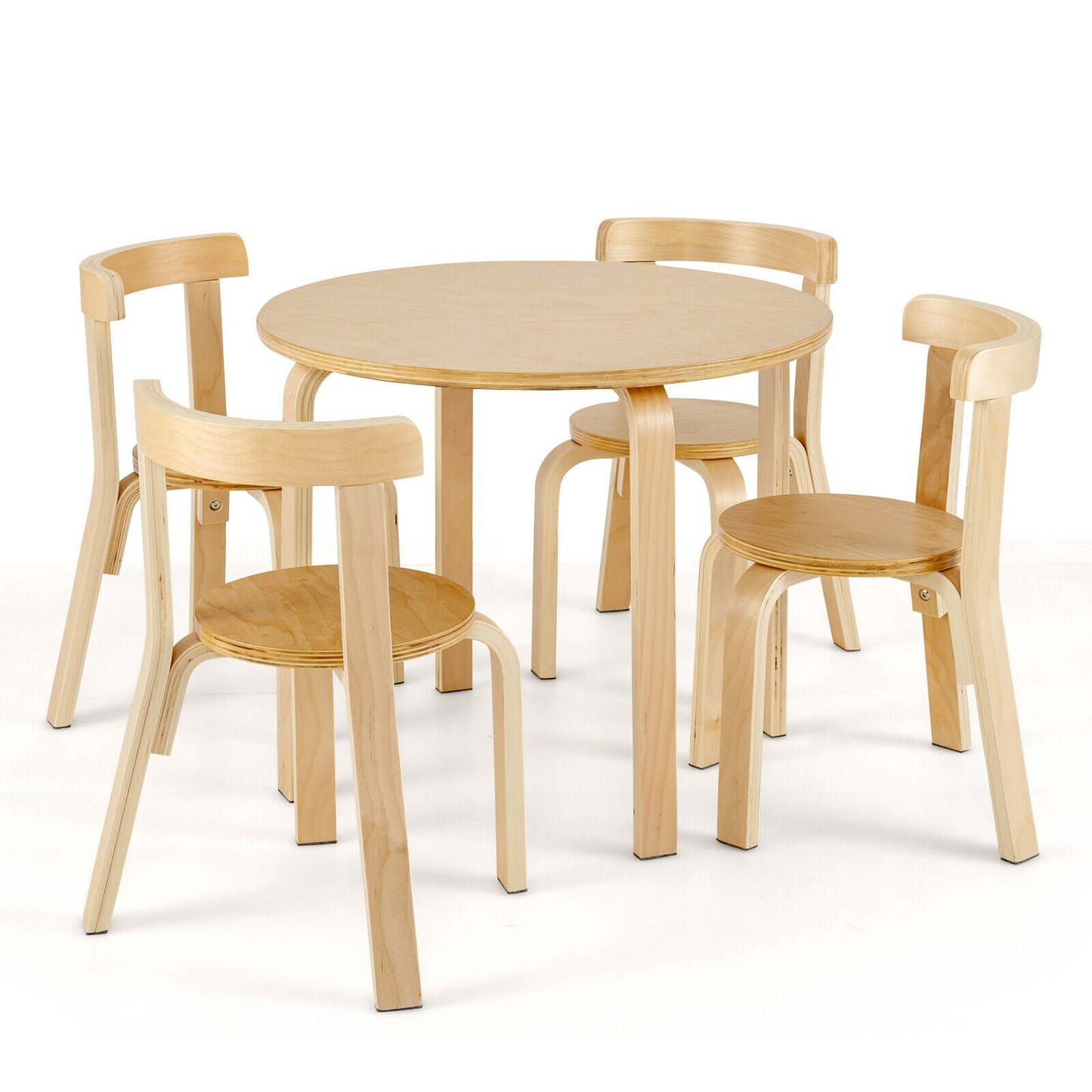 5-Piece Kids Wooden Curved Back Activity Table and Chair Set with Toy Bricks-Gray - Natural