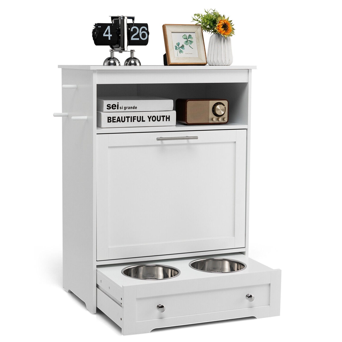 Pet Feeder Station with Stainless Steel Bowl-Coffee - White
