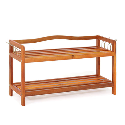 2-Tier Acacia Wood Shoe Rack with 4 Side Metal Hooks - Tier Acacia Wood Shoe Rack With 4 Side Metal Hooks