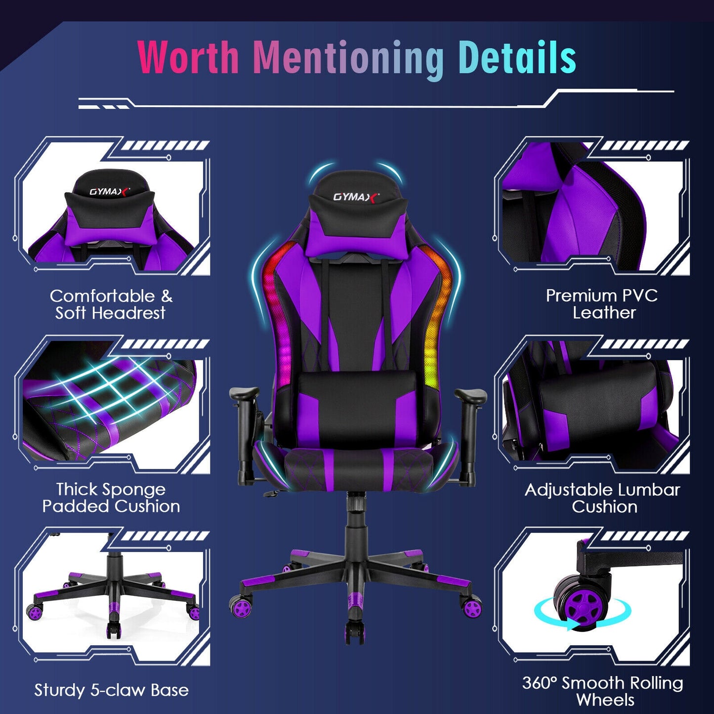 Gaming Chair Adjustable Swivel Computer Chair with Dynamic LED Lights-Purple