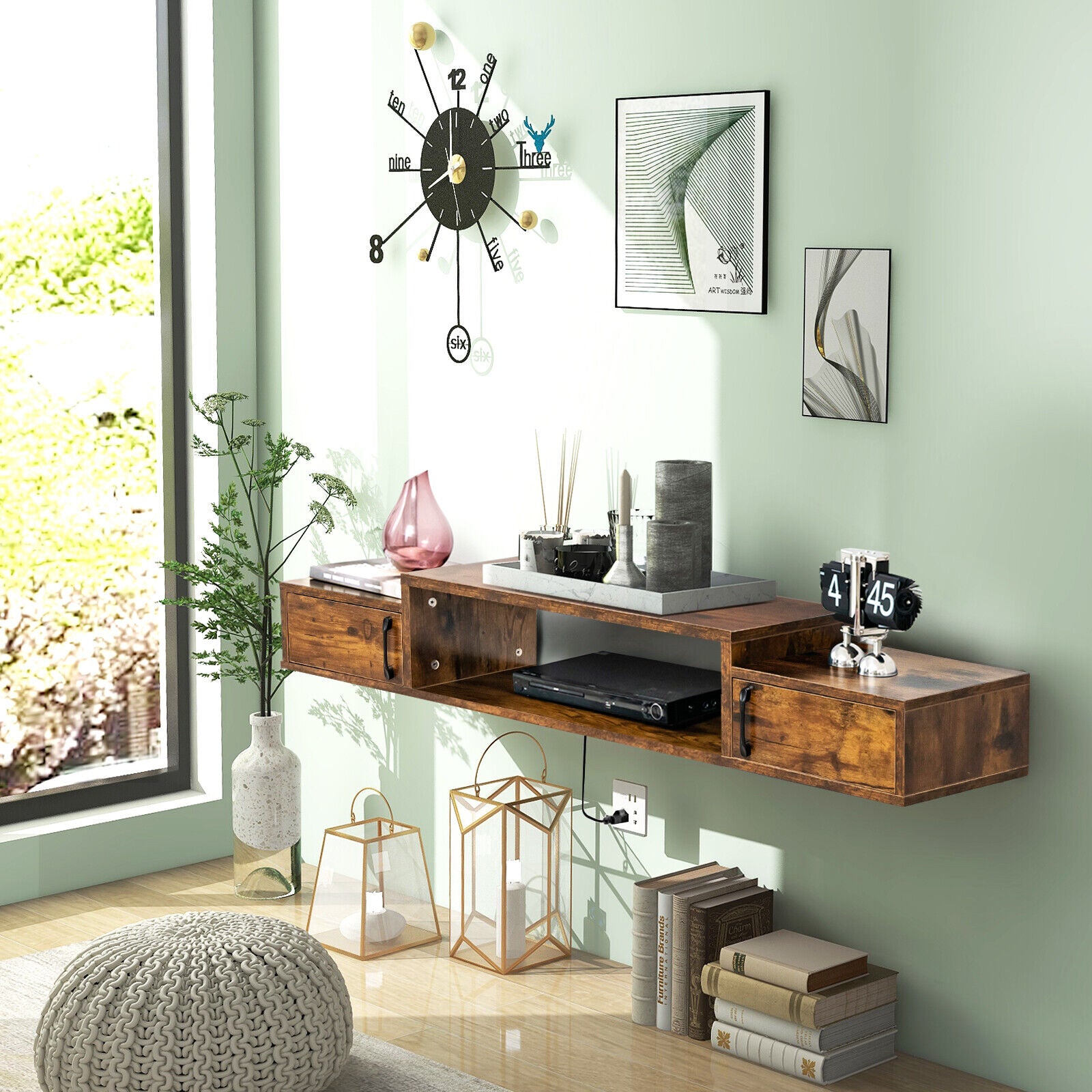 55 Inches Floating TV Stand with Power Outlet-Rustic Brown