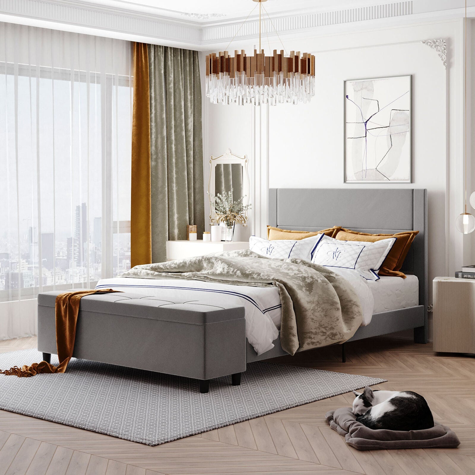 Full/Queen Size Upholstered Platform Bed Frame with Storage Ottoman-Queen Size