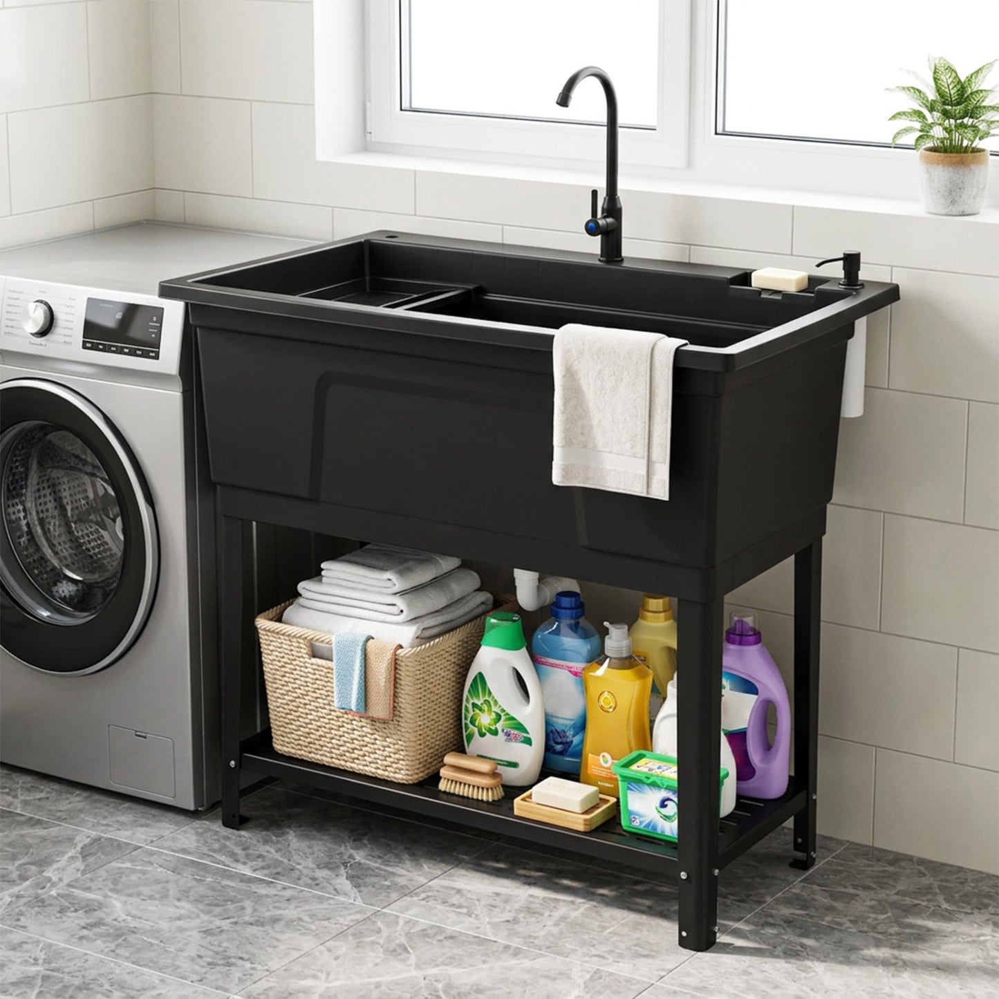 100L Utility Sink with Rotating Faucet and Storage Shelf