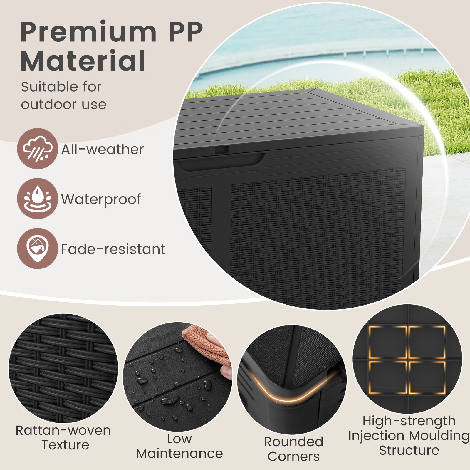 100 Gallon Resin Deck Box Outdoor Waterproof Storage Bench-Black