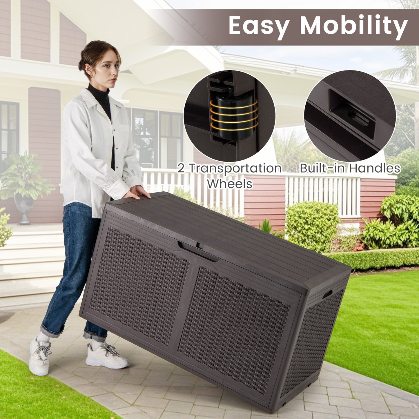 100 Gallon Resin Deck Box Outdoor Waterproof Storage Bench-Brown