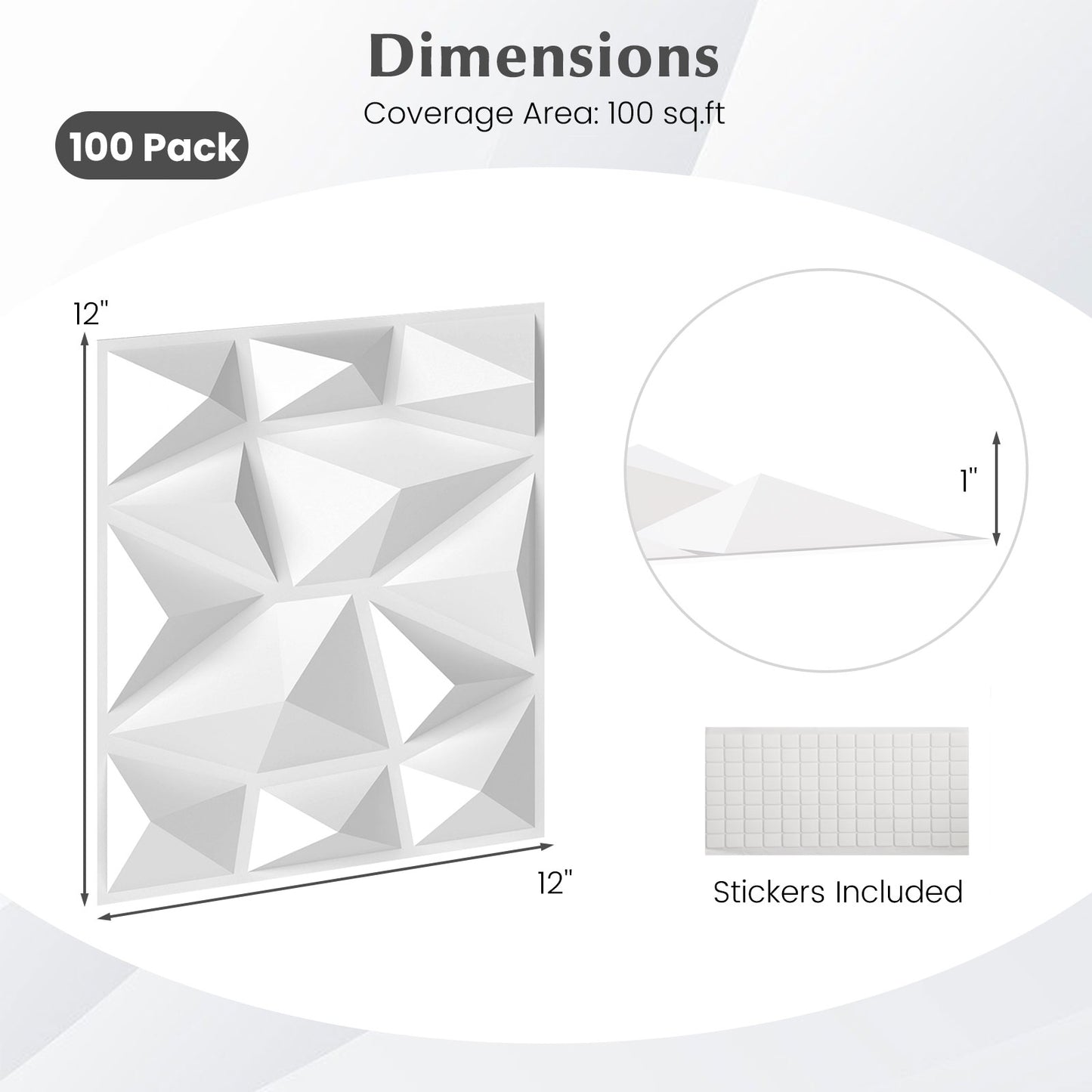 100-Pack 3D Wall Panels 12" x 12" PVC Interior Wall Decoration with Diamond Accent-White