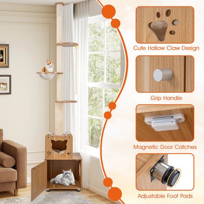 101 Inch Floor to Ceiling Cat Tree Height Adjustable with Litter Box Enclosure-Brown