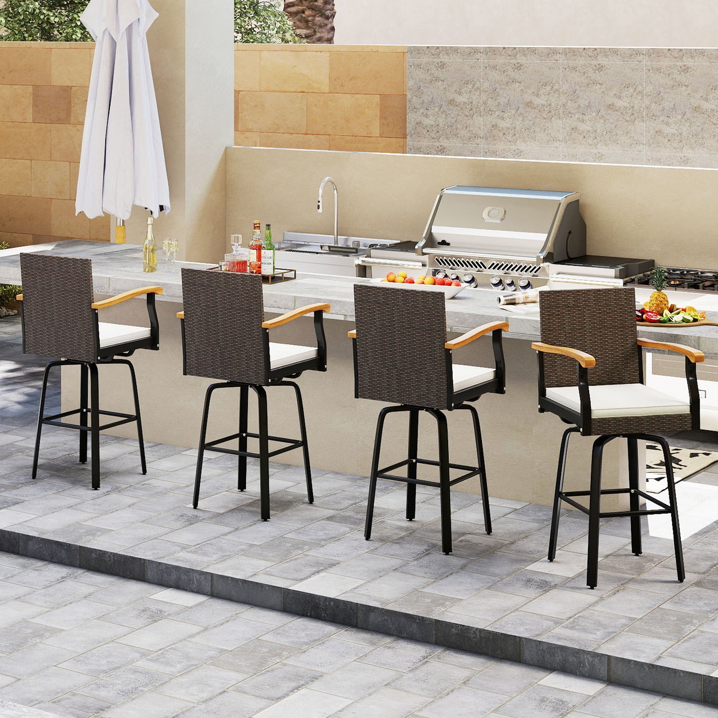 Set of 4 Outdoor 360¬∞ Swivel Bar Stool with Cushion and Acacia Wood Armrests