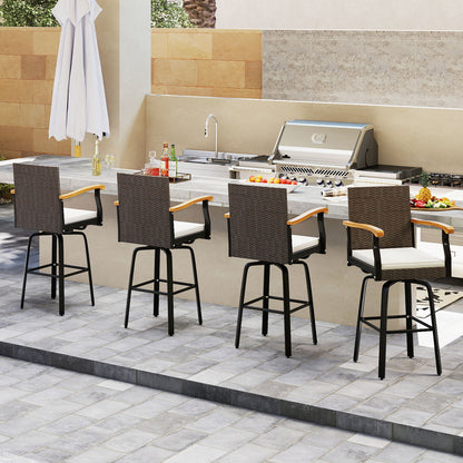 Set of 4 Outdoor 360¬∞ Swivel Bar Stool with Cushion and Acacia Wood Armrests