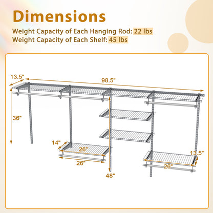 4-8 Feet Closet Organizers and Storage System with Hanging Rod for Laundry Bedroom-Grey