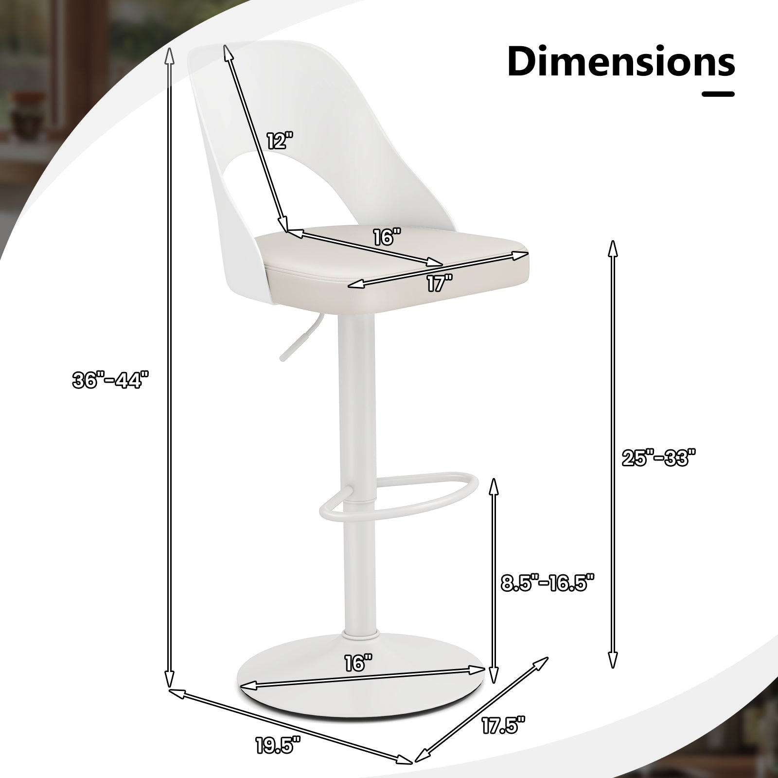 Bar Stools Set of 2 with Enlarged PU Leather Seat and Footrest-White