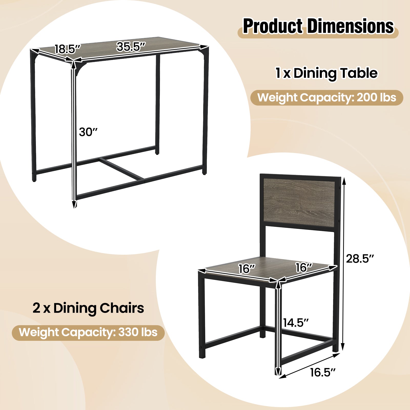 3 Pieces Dining Set Compact Table and 2 Chair with Metal Frame for Small Space-Oak