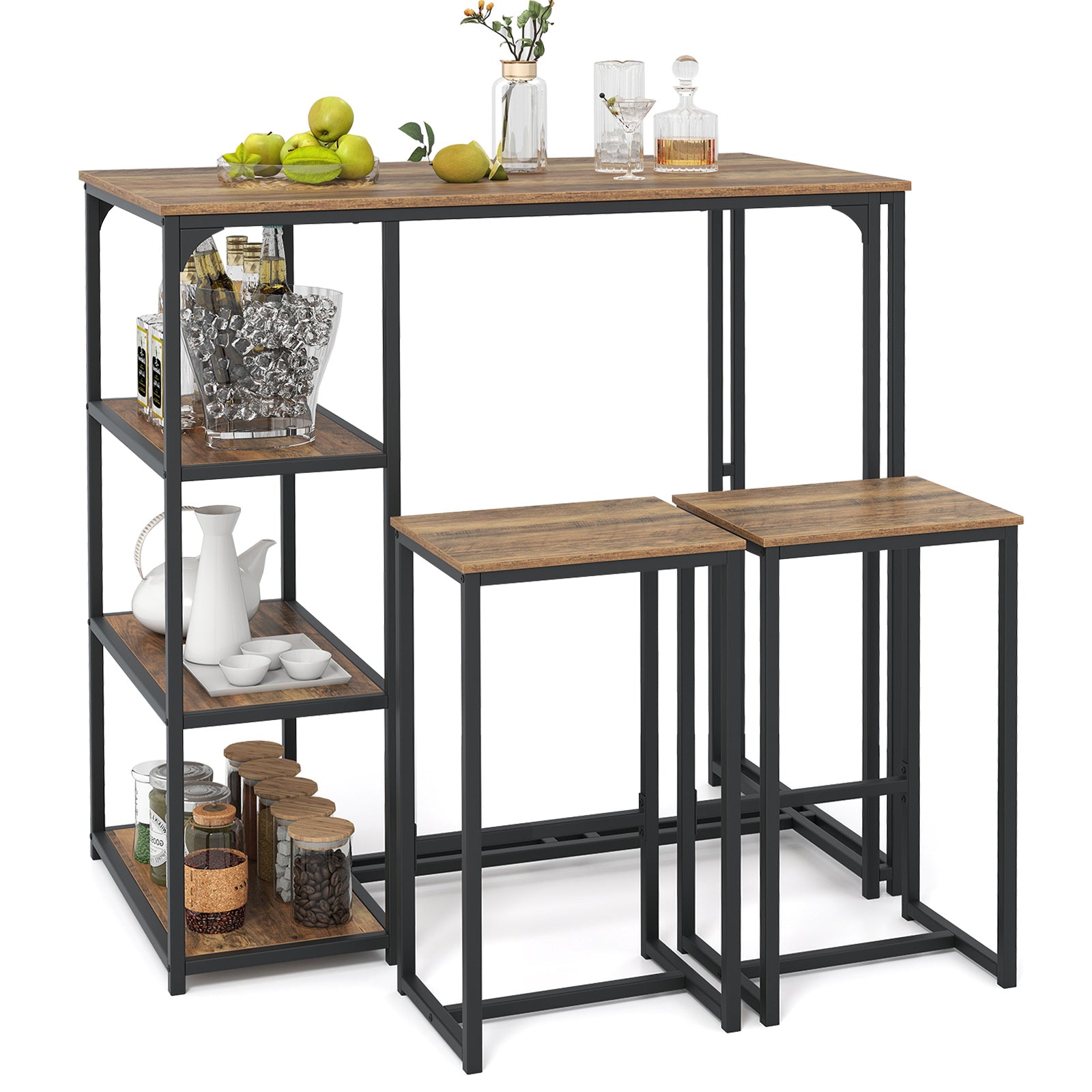 3-Piece Bar Table Set for 2 Bar-Height Dining Table with 2 Stools-Rustic Brown