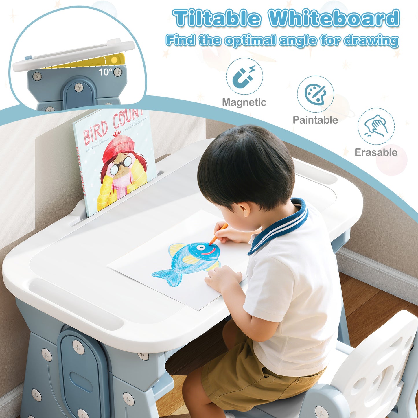 Height Adjustable Kids Table and Chair Set with Tiltable Whiteboard and Concave Shelf-Blue