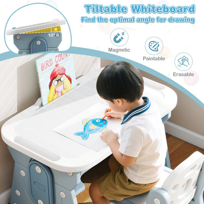 Height Adjustable Kids Table and Chair Set with Tiltable Whiteboard and Concave Shelf-Blue