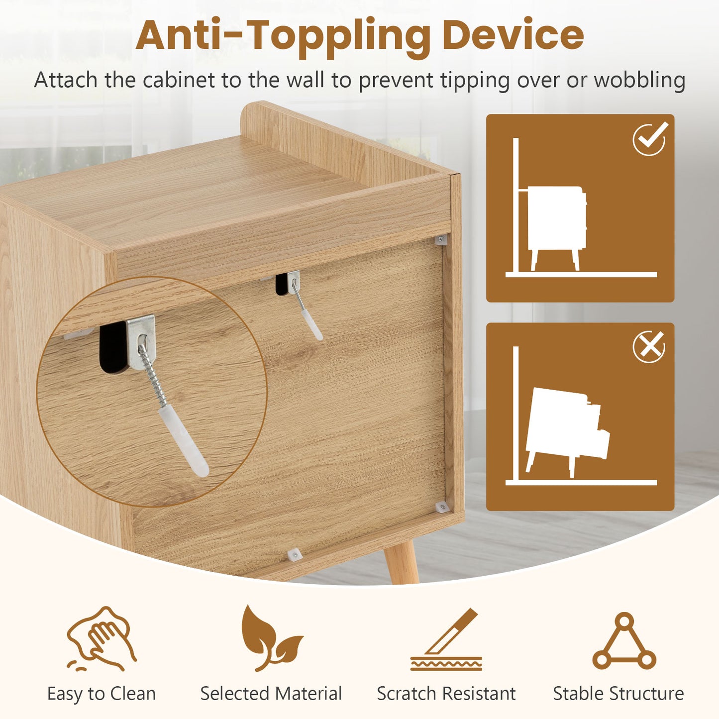 Modern End Table Bedside Table with 2 Rattan Decorated Drawers-Natural