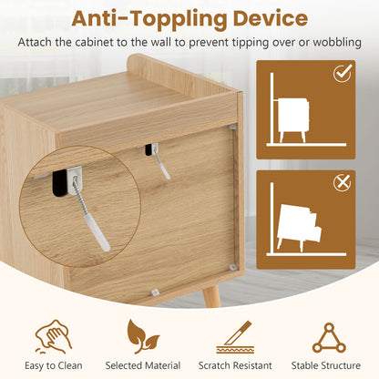 Modern End Table Bedside Table with 2 Rattan Decorated Drawers-Natural