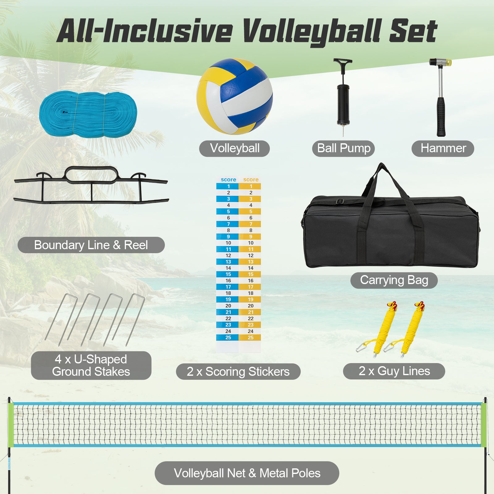 Portable Outdoor Volleyball Net Set Heavy-Duty Volleyball Net System-Green