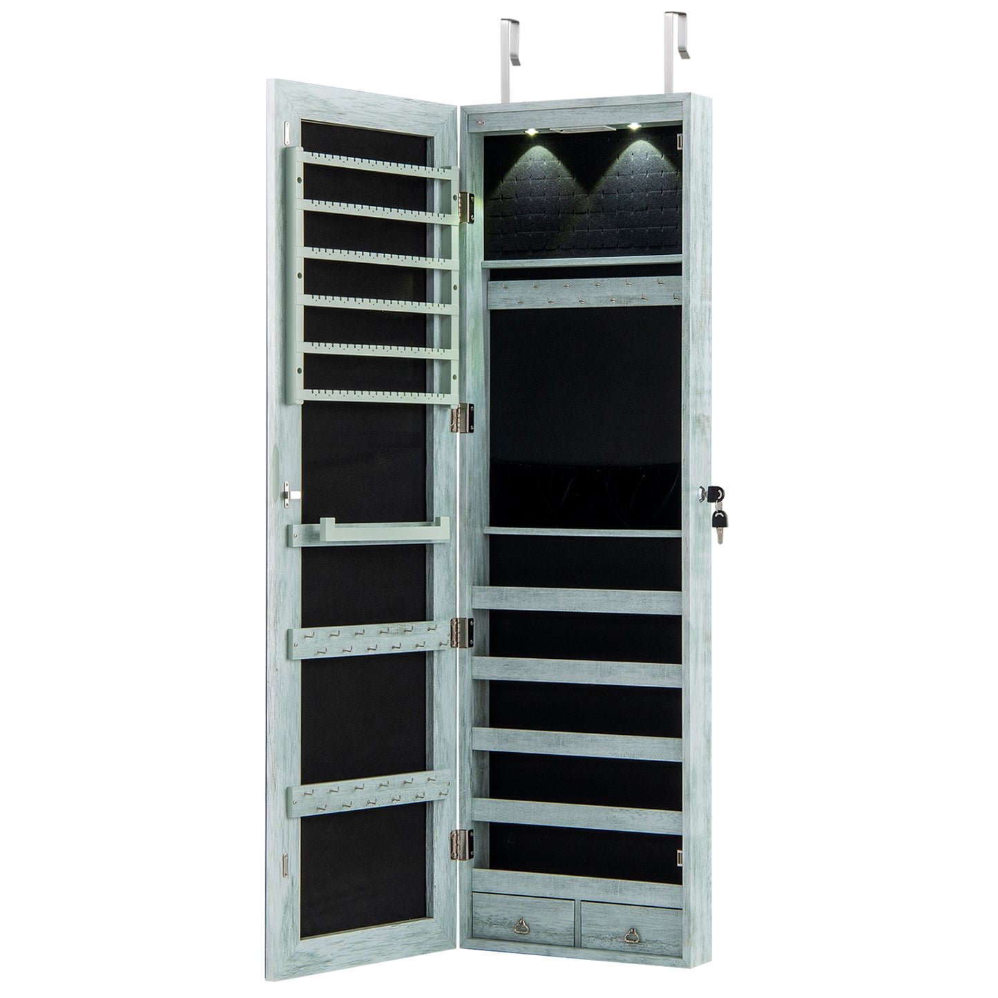 Wall and Door Mounted Mirrored Jewelry Cabinet with Lights-Navy - Navy