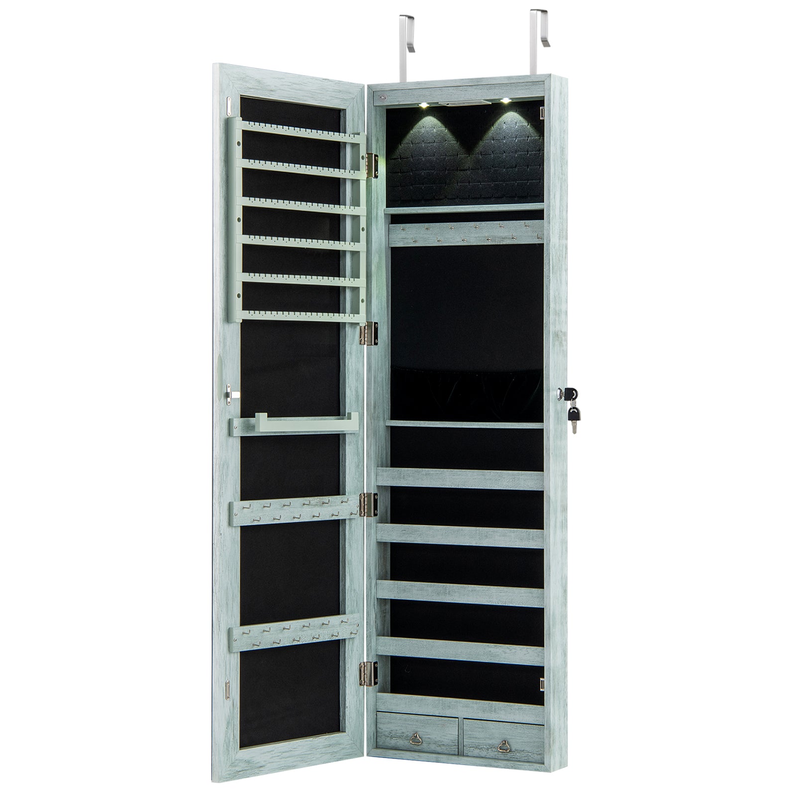 Wall and Door Mounted Mirrored Jewelry Cabinet with Lights-Navy - Navy