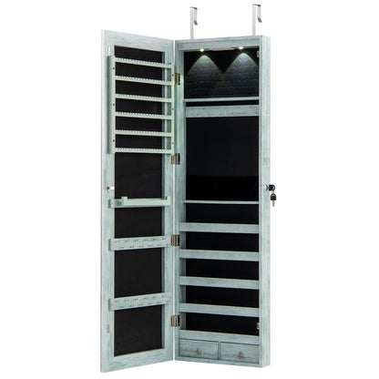 Wall and Door Mounted Mirrored Jewelry Cabinet with Lights-Navy - Navy