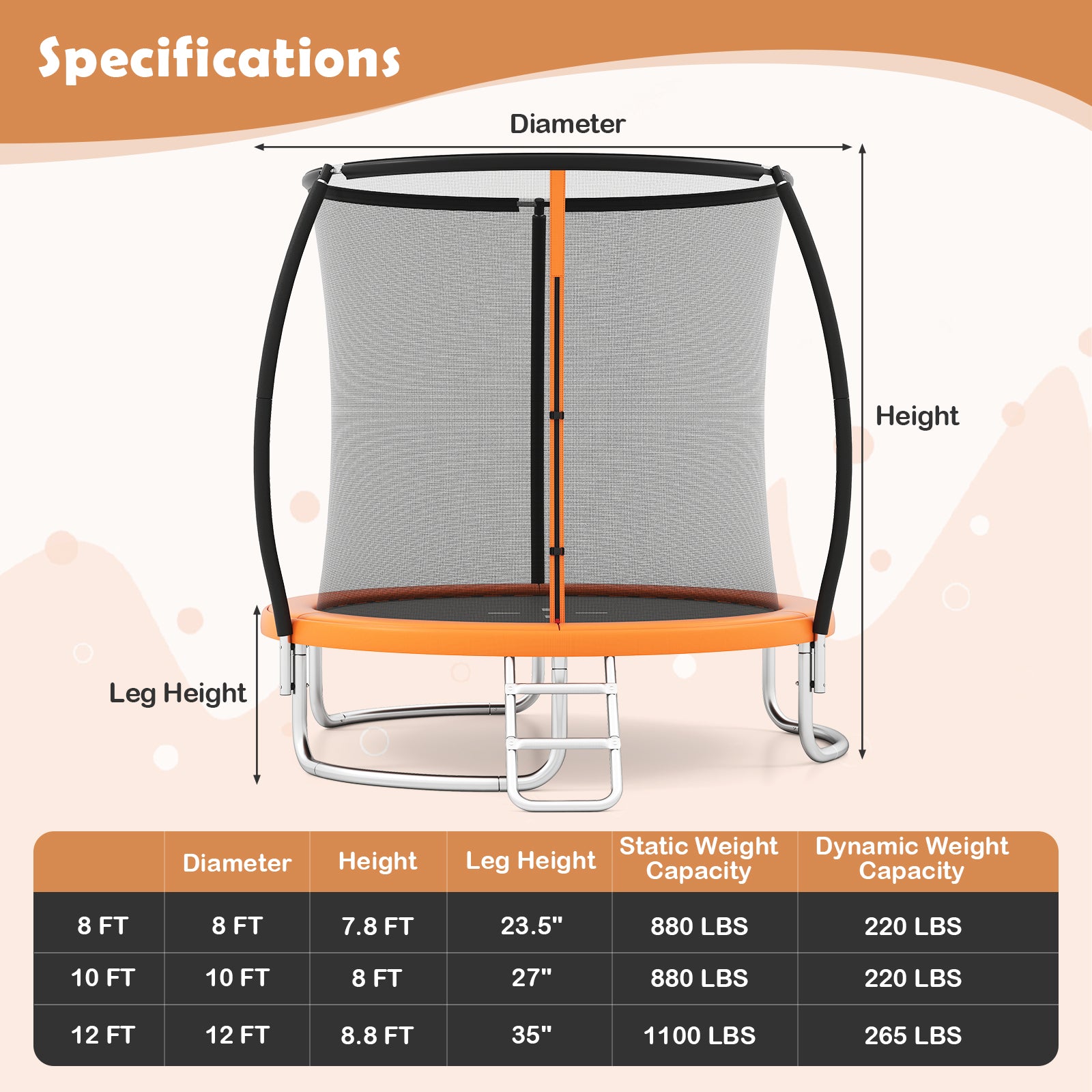 10FT Outdoor Trampoline Heavy-Duty Recreational Trampoline with Safety Enclosure Net-Orange