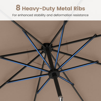 10 Feet Solar Patio Umbrella with 96 Multi-Colored Flowing LED Lights and Tilt Adjustment-Coffee