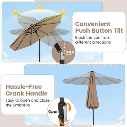 10 Feet Solar Patio Umbrella with 96 Multi-Colored Flowing LED Lights and Tilt Adjustment-Coffee