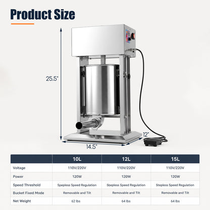 10L Electric Sausage Stuffer with 4 Tubes & Foot Pedal