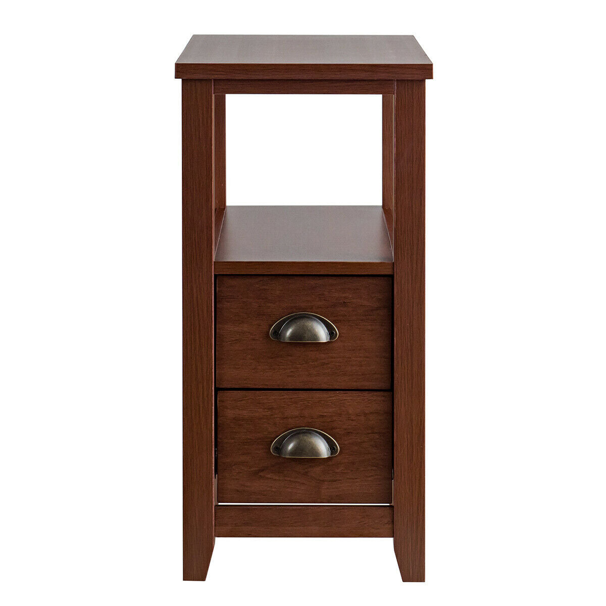End Table Wooden with 2 Drawers and Shelf Bedside Table-Brown