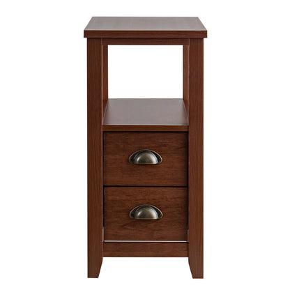 End Table Wooden with 2 Drawers and Shelf Bedside Table-Brown