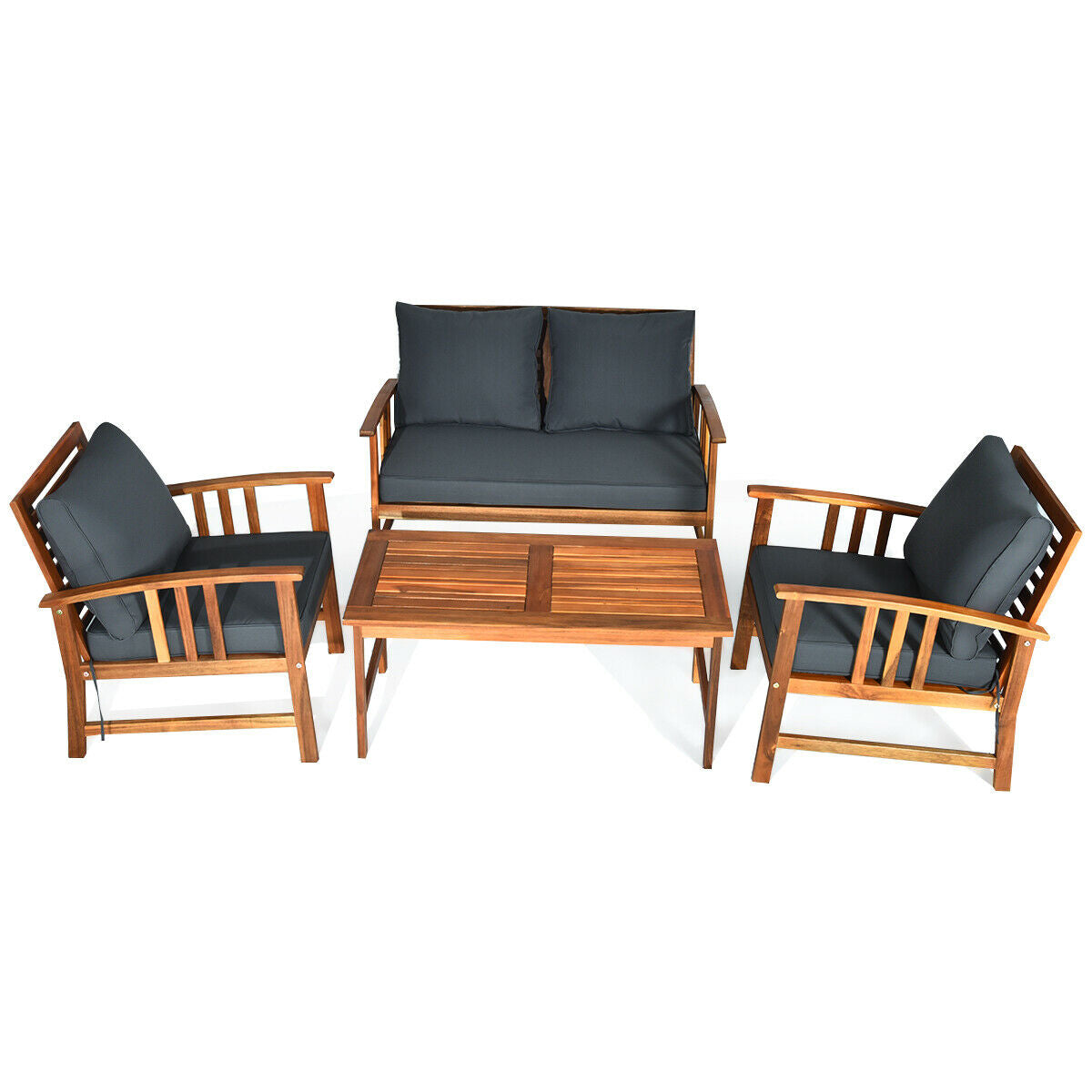 4 Pcs Wooden Patio Furniture Set Table Sofa Chair Cushioned Garden - Default
