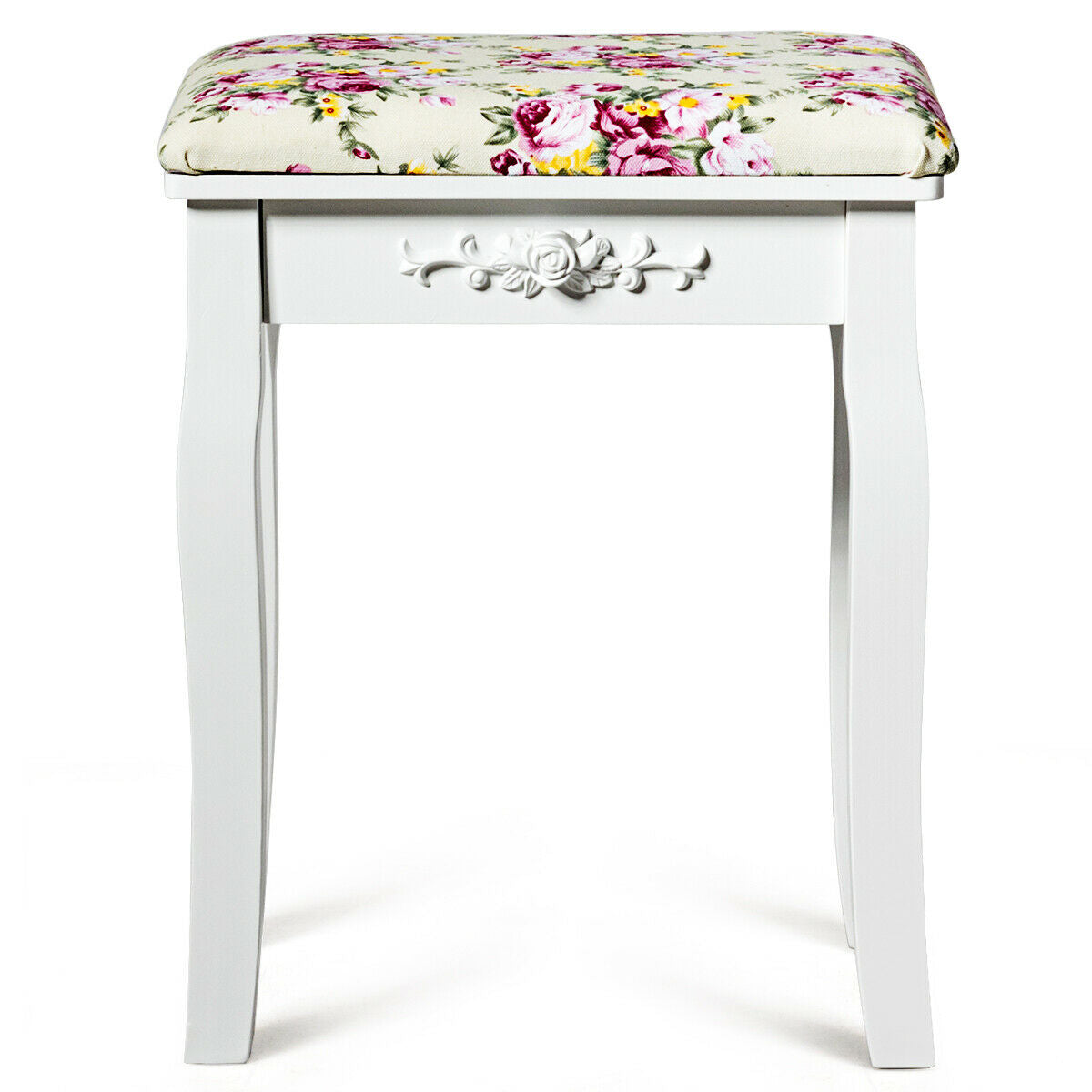 Vanity Wood Dressing Stool Padded Piano Seat with Rose Cushion-White